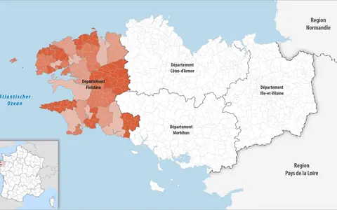 Mapa pokazuje, gdzie leży Bretania, z zaznaczonymi departamentami Finistère, Côtes-d'Armor, Morbihan i Ille-et-Vilaine.