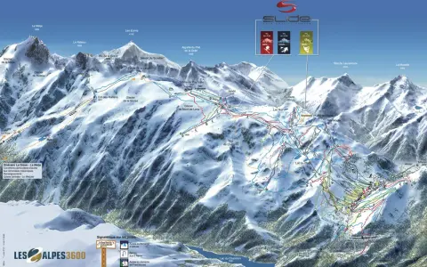 Mapa narciarska Les Deux Alpes z zaznaczonymi trasami, wyciągami i szczytami. Widok górski z lodowcami i jeziorami.