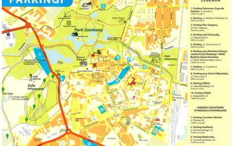 Mapa Pszczyny z zaznaczonymi parkingami, w tym przy Pokazowej Zagrodzie Żubrów.