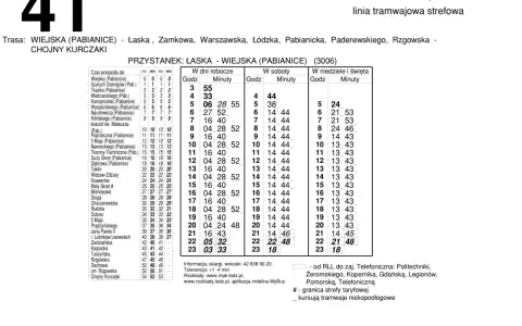 Rozkład jazdy tramwaju 41 na trasie Pabianice - Łódź. Zobacz przystanki i godziny odjazdów w dni robocze, soboty i święta.