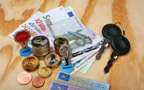 Kluczyki, pieniądze i figurka policjanta sugerują potencjalne mandaty w Niemczech.