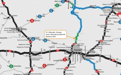 Mapa drogowa z zaznaczonym odcinkiem S11 Oborniki-Poznań, który jest częścią systemu odcinkowego pomiaru prędkości S11.