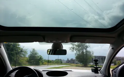 Widok z wnętrza samochodu z panoramicznym dachem, przez który widać niebo i drzewa. Krople deszczu na szybie.