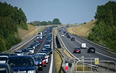 Korek samochodów na autostradzie A1, zieleń po bokach, błękitne niebo.