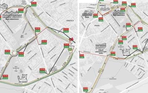 Trasa w mieście na trasie Białystok-Wyszków, z zaznaczonymi punktami i godzinami, m.in. Pałacem Branickich i Zoo Akcent.