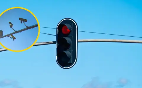 Czerwone światło na sygnalizatorze. W okręgu widać kamery, które mogą rejestrować wykroczenia, zastanawiamy się, czy fotoradar łapie w dwie strony.