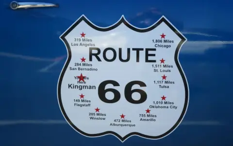 Tablica z napisem "ROUTE 66" i odległościami do miast, w tym "You Are Here Kingman".