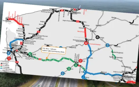 Mapa drogowa z zaznaczonymi trasami, w tym drogami w budowie i planowanymi. Widoczna jest trasa Szczecin - Bydgoszcz.