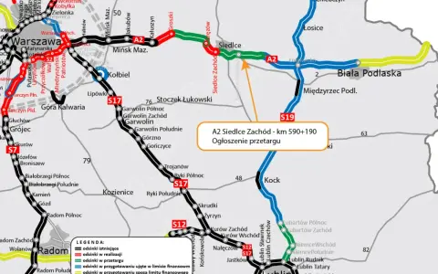 Mapa drogowa z zaznaczoną autostradą A2. Widoczny odcinek A2 Siedlce Zachód - km 590+190 z ogłoszeniem przetargu.