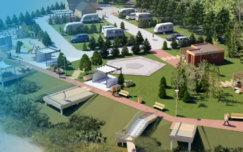 Nowoczesny camper park z placem zabaw, domkami i miejscami postojowymi dla kamperów.