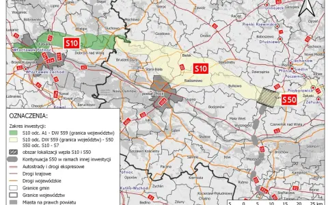 Mapa pokazuje przebieg trasy S10 i S50, z zaznaczonymi odcinkami inwestycji, węzłami i granicami.