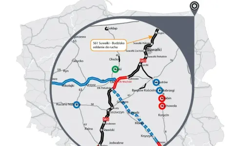 Mapa pokazuje przebieg trasy S61 od Suwałk do Budziska, z zaznaczonymi miastami i odcinkami drogi.