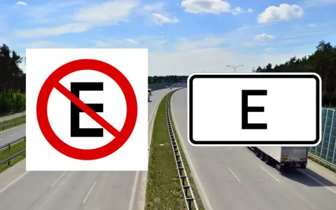 Zakaz zatrzymywania się (oznaczenie drogi E) i strefa dla pojazdów elektrycznych.
