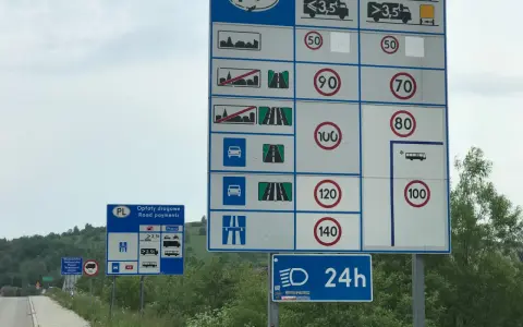 Znaki drogowe w Polsce informują o limitach prędkości, np. 120 km/h w tunelu.