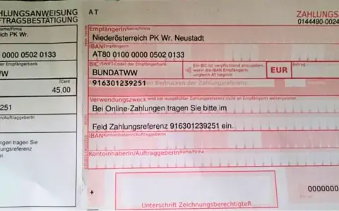 Dokument płatności z Austrii na kwotę 45 EUR. Numer referencyjny 916301239251.
