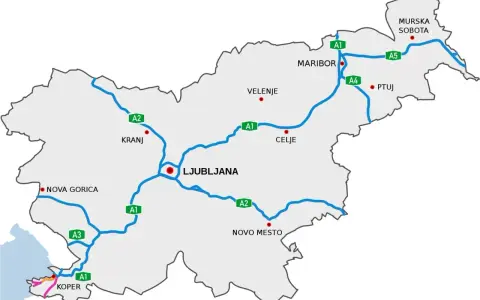 Mapa Słowenii z zaznaczonymi autostradami A1, A2, A3, A4, A5 i głównymi miastami: Lublana, Maribor, Celje, Kranj, Koper, Nova Gorica, Novo Mesto, Velenje, Ptuj, Murska Sobota.