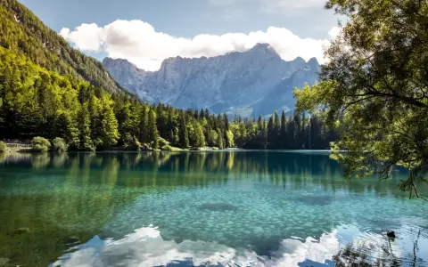 Krystalicznie czyste jezioro w regionie Friuli-Wenecja Julijska, otoczone lasem i majestatycznymi górami.