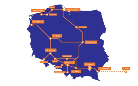 Mapa Polski z zaznaczonymi trasami kolejowymi. Widoczna jest trasa do Rzeszowa, łącząca wiele miast, w tym Warszawę, Kraków i Przemyśl.