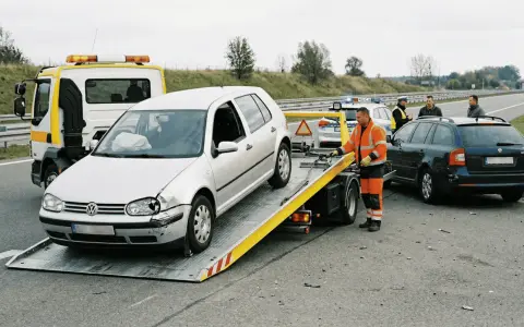 Pomoc drogowa w akcji: srebrny Volkswagen na lawecie, obok czarna Skoda i policja. Trwa holowanie auta po wypadku.