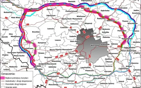 Mapa pokazuje proponowane korytarze dróg ekspresowych wokół Warszawy, z zaznaczonymi utrudnieniami na dk 50.