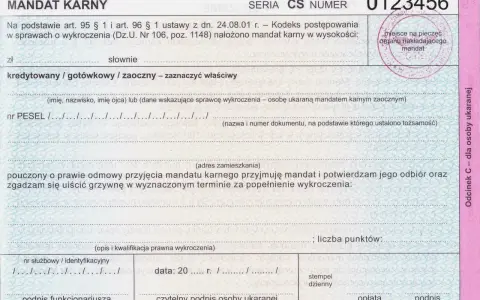 Formularz mandatu karnego, który może wystawić straż miejska. Zawiera dane sprawcy, wykroczenia i kwotę.
