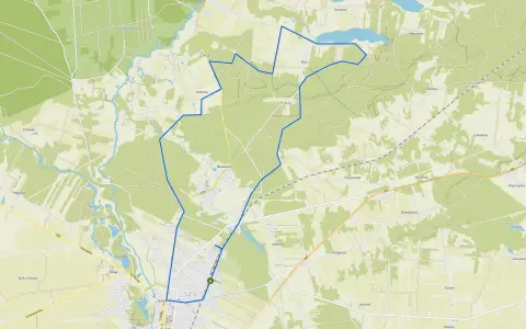 Mapa drogowa z zaznaczoną trasą wokół Gostynina. Widoczne są liczne drogi, pola, lasy i zbiorniki wodne.
