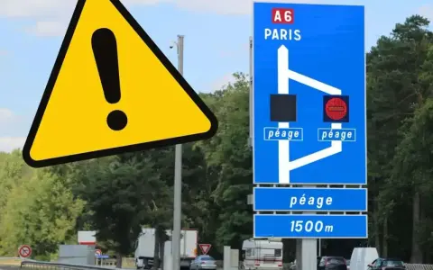 Uwaga! Francja samochodem: znak ostrzegawczy i tablica informująca o bramkach opłat (péage) na autostradzie A6 w kierunku Paryża.