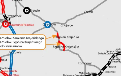 Mapa drogowa z zaznaczoną trasą DK25 obwodnica Sępólna Krajeńskiego. Widoczne miejscowości: Człuchów, Kamień Krajeński, Sępólno Krajeńskie.