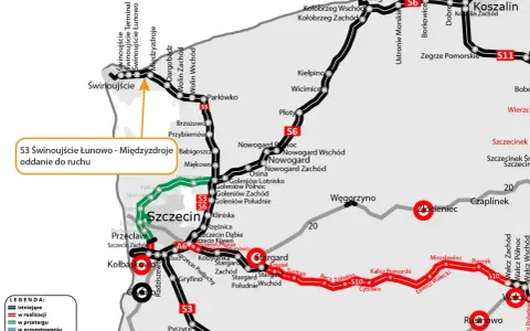 Mapa drogowa z zaznaczoną trasą S3 Świnoujście - Międzyzdroje.