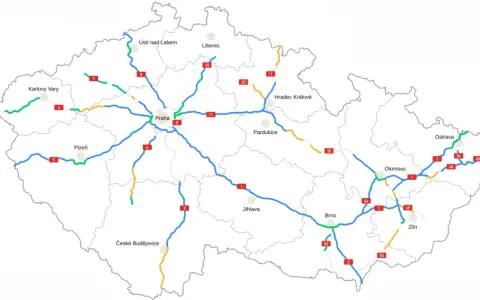 Mapa autostrad w Czechach z zaznaczonymi głównymi miastami i numerami dróg.