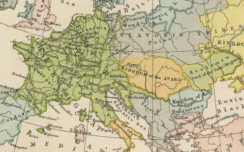 Mapa Europy z zaznaczoną Bawarią, która leży na wschód od Franków, na północ od Italii i na zachód od Królestwa Awarów.