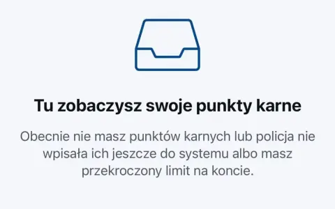 Ikona folderu i tekst: "Tu zobaczysz swoje punkty karne". Informacja, że nie masz punktów karnych lub przekroczyłeś limit, o ile można przekroczyć prędkość.