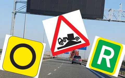 Oznaczenie drogi ekspresowej z trzema znakami: zakaz, nierówność drogi i parking.