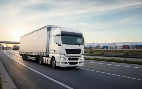 Biała ciężarówka jedzie autostradą w Holandii. W tle widać magazyny i kontenery.