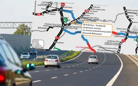 Mapa drogowa z zaznaczoną trasą S8 Polichno-Studzianki, w tle droga krajowa 88 z samochodami.