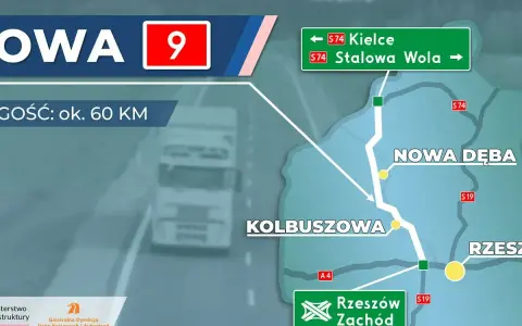 Trasa S19 na mapie: odcinek ok. 60 km z Kolbuszowej przez Nową Dębę do Rzeszowa Zachód.
