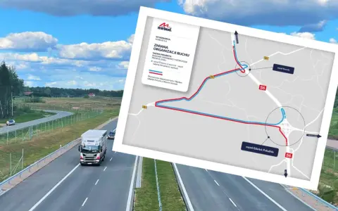 Utrudnienia na S6 dzisiaj. Mapa pokazuje objazd budowy obwodnicy metropolii trójmiejskiej. Ciężarówka i samochód jadą drogą.