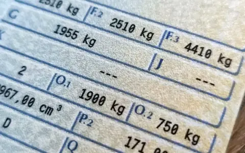 Fragment dowodu rejestracyjnego z danymi pojazdu, w tym masa własna 1955 kg i dopuszczalna masa całkowita 4410 kg. Widać też pole P.3.