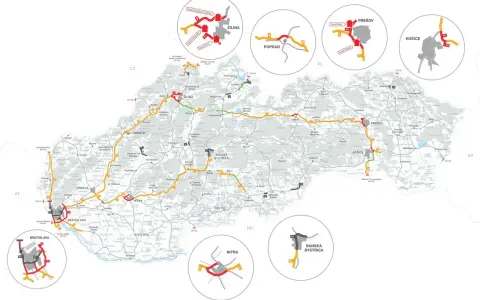Mapa Słowacji z zaznaczonymi drogami i miastami. Wjazd na Słowację przez autostrady D1, D2, R1, R4.