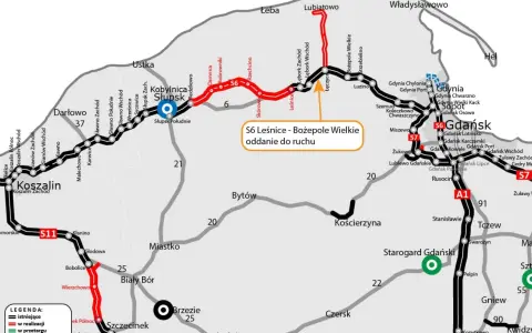 Mapa drogowa Pomorza z zaznaczoną drogą krajową 22, S6, S7 i A1. Widoczne miasta: Koszalin, Słupsk, Gdańsk, Gdynia, Tczew.