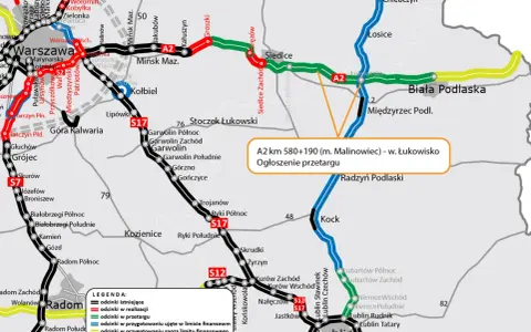 Mapa pokazuje autostradę A2, jej długość i przebieg, z zaznaczonym odcinkiem w przetargu.