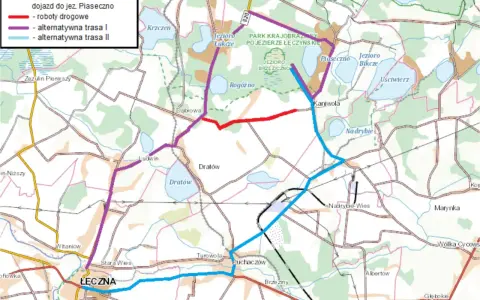 Mapa pokazuje przebudowę drogi powiatowej z Dąbrowy do Kaniwoli, z zaznaczoną łęczną trasą robót drogowych i alternatywnymi trasami I i II.