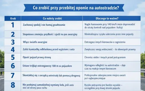 Tabela z instrukcją, co robić przy przebitej oponie na autostradzie: zachowaj spokój, zjedź na pas awaryjny, włącz światła, załóż kamizelkę, opuść pojazd prawą stroną, ustaw trójkąt, wezwij pomoc.