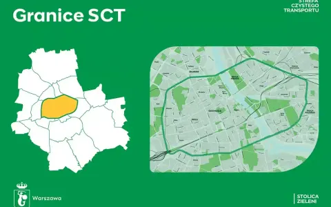 Mapa Warszawy z zaznaczoną Strefą Czystego Transportu. Polska naklejka ekologiczna informuje o granicach SCT.