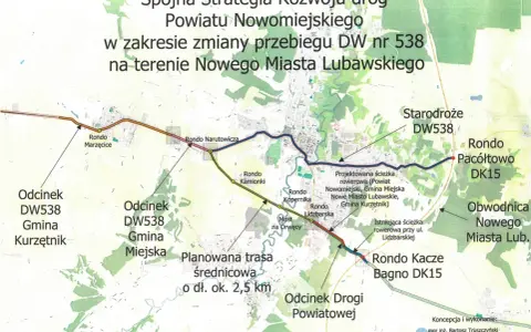 Mapa przedstawia planowaną trasę Nowe Miasto Lubawskie, w tym obwodnicę i ścieżki rowerowe, usprawniające ruch drogowy.