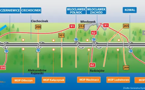 Mapa dróg z zaznaczonymi węzłami, miastami i MOP-ami. Widać autostradę A1, a1 stacje paliw i drogi krajowe.