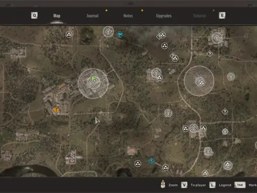 Mapa gry S.T.A.L.K.E.R. z widocznymi ikonami zadań i lokacji. Widać fragmenty budynków, dróg i terenów zielonych, sugerujące zniszczony świat, czyli martwe pole.