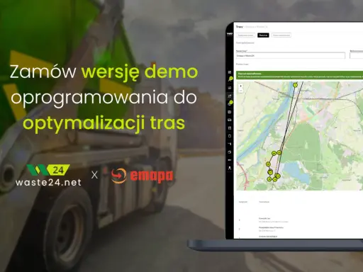 Oprogramowanie do optymalizacji tras Waste24.net i Emapa prezentuje wyznaczanie trasy dojazdu z zaznaczonymi punktami i czasem przejazdu.