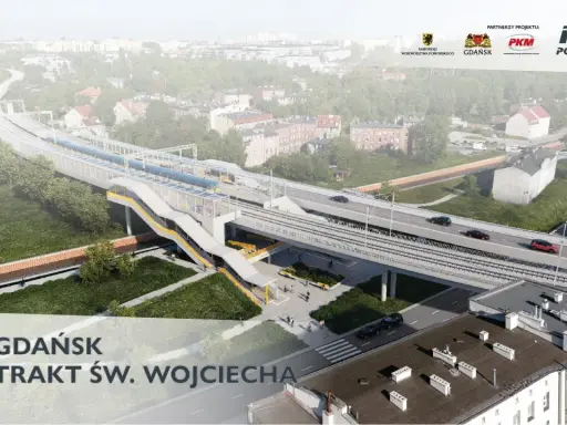 Nowa linia PKM ułatwi podróżowanie, skracając rumia - gdańsk odległość. Widok na nowoczesną stację i wiadukt.