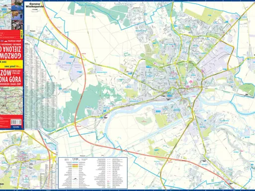 Mapa drogowa Gorzowa Wielkopolskiego i Zielonej Góry z zaznaczonymi trasami i planami miast.